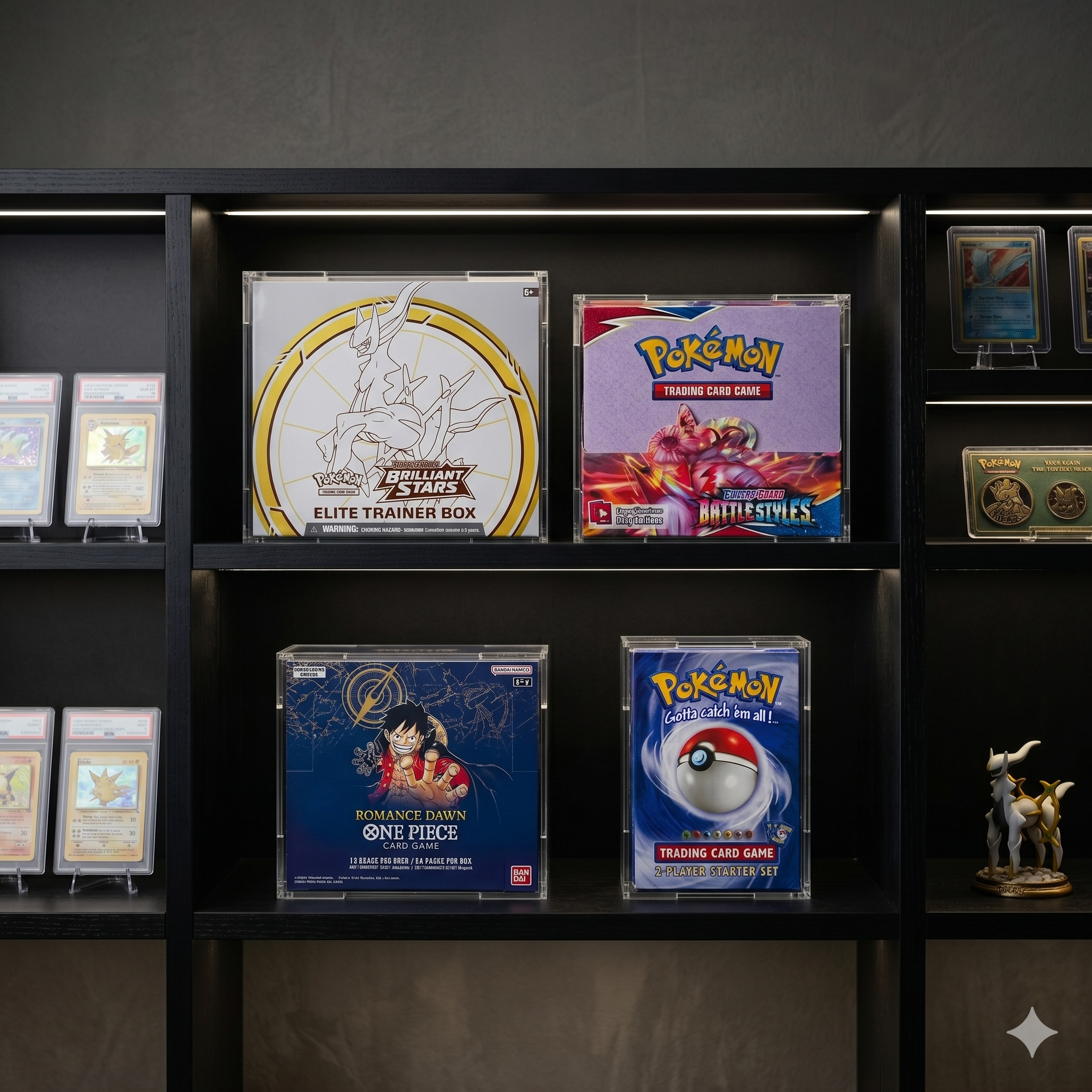Collection of trading card boxes on a dark shelf